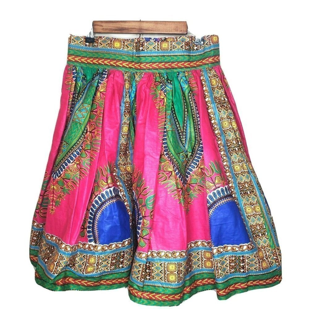Womens Colorful Full Skirt Boho Festival Ethnic Knee Length Pink Blue  Sz Medium